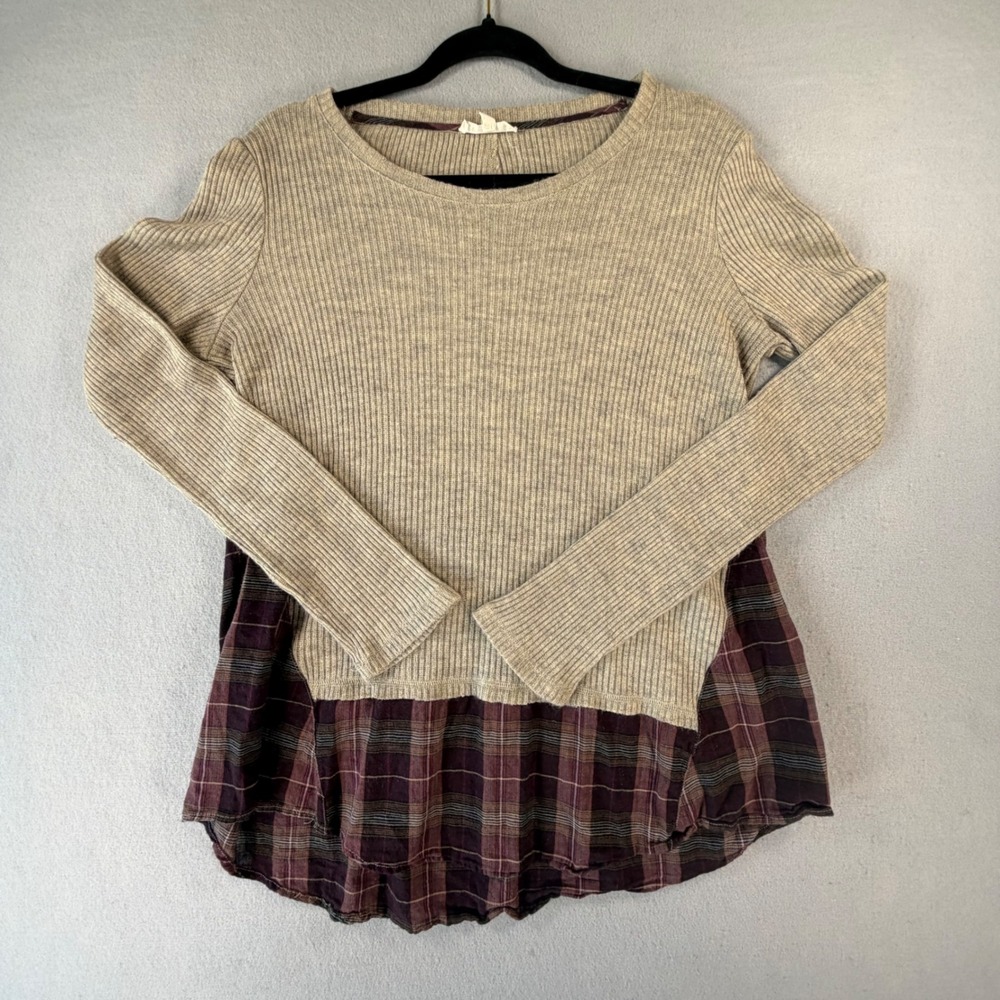 Women's L Gray Thermal Top Plaid Hem Layered Boho Grunge Cottagecore Tunic Shirt